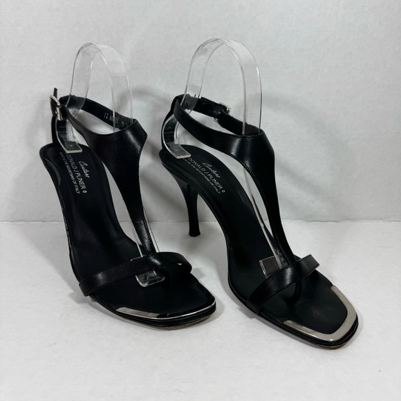 Donald J Pliner Black Leather Strappy T-strap heels Made in Italy Size 9N narrow - Picture 3 of 14